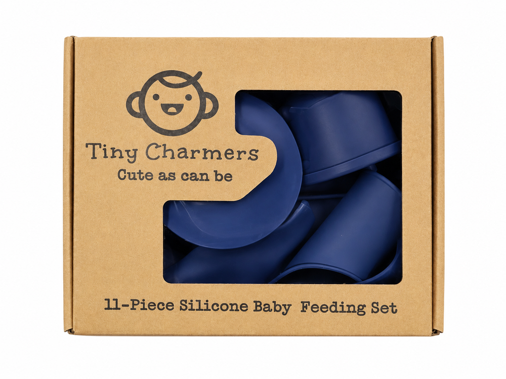 11-Piece Silicone Baby Feeding Set – Suction Plate, Bowl, Cup & Utensils - Navy Blue