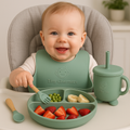 11-Piece Silicone Baby Feeding Set – Suction Plate, Bowl, Cup & Utensils - Sage Green