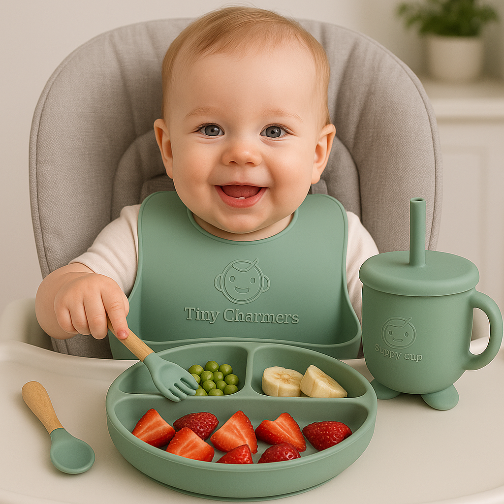11-Piece Silicone Baby Feeding Set – Suction Plate, Bowl, Cup & Utensils - Sage Green
