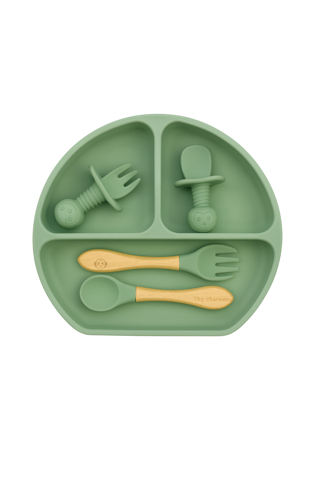 11-Piece Silicone Baby Feeding Set – Suction Plate, Bowl, Cup & Utensils - Sage Green