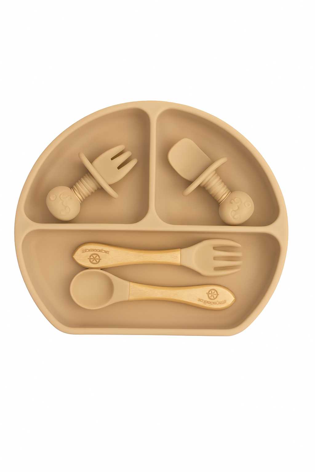 11-Piece Silicone Baby Feeding Set – Suction Plate, Bowl, Cup & Utensils - Sandstone Beige