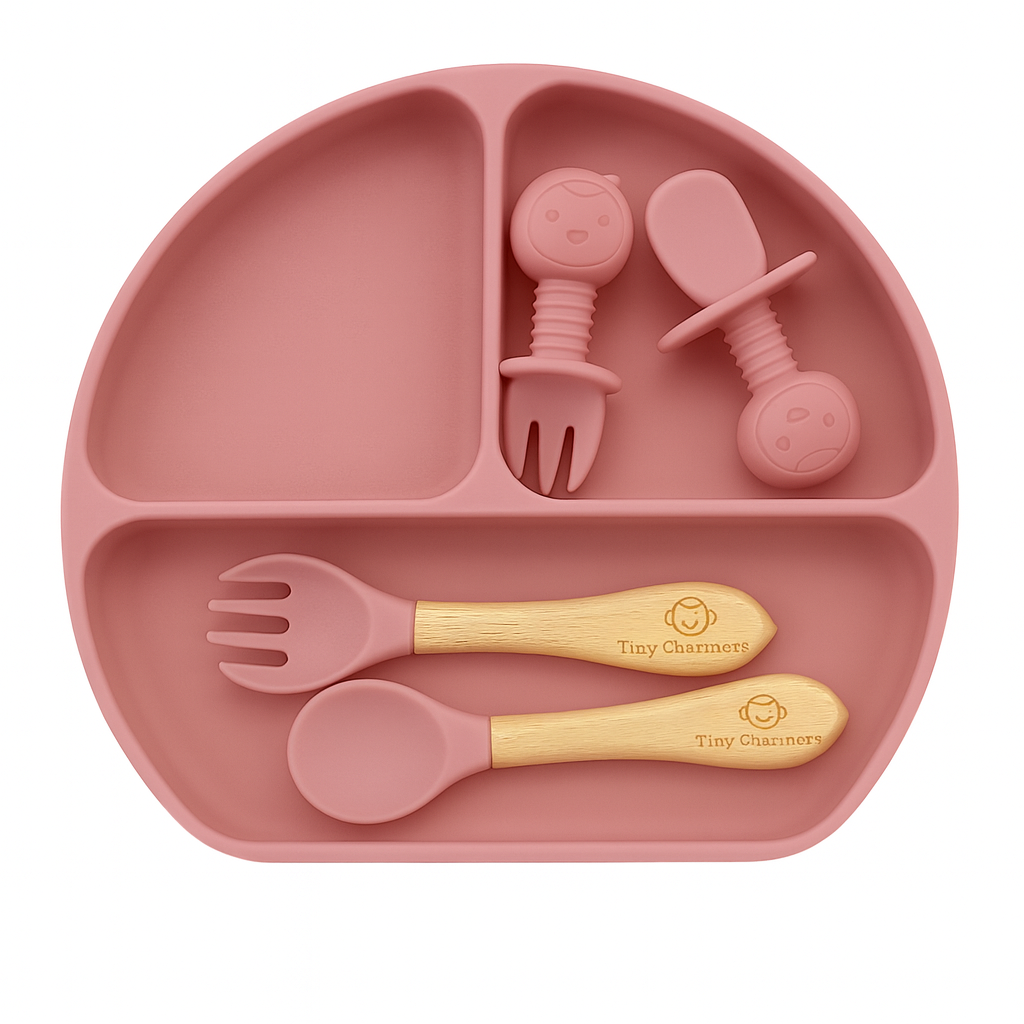 11-Piece Silicone Baby Feeding Set – Suction Plate, Bowl, Cup & Utensils - Dusty Rose