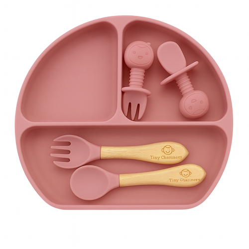 11-Piece Silicone Baby Feeding Set – Suction Plate, Bowl, Cup & Utensils - Dusty Rose