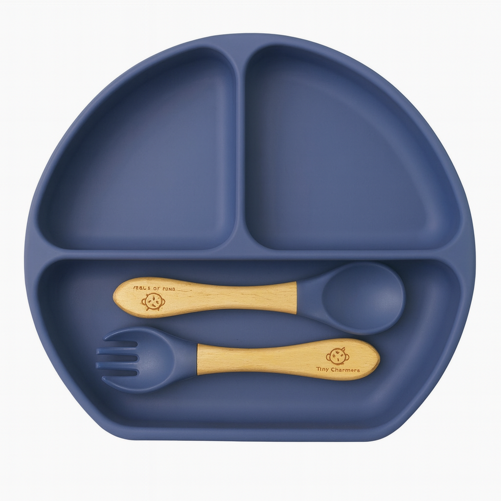 11-Piece Silicone Baby Feeding Set – Suction Plate, Bowl, Cup & Utensils - Navy Blue