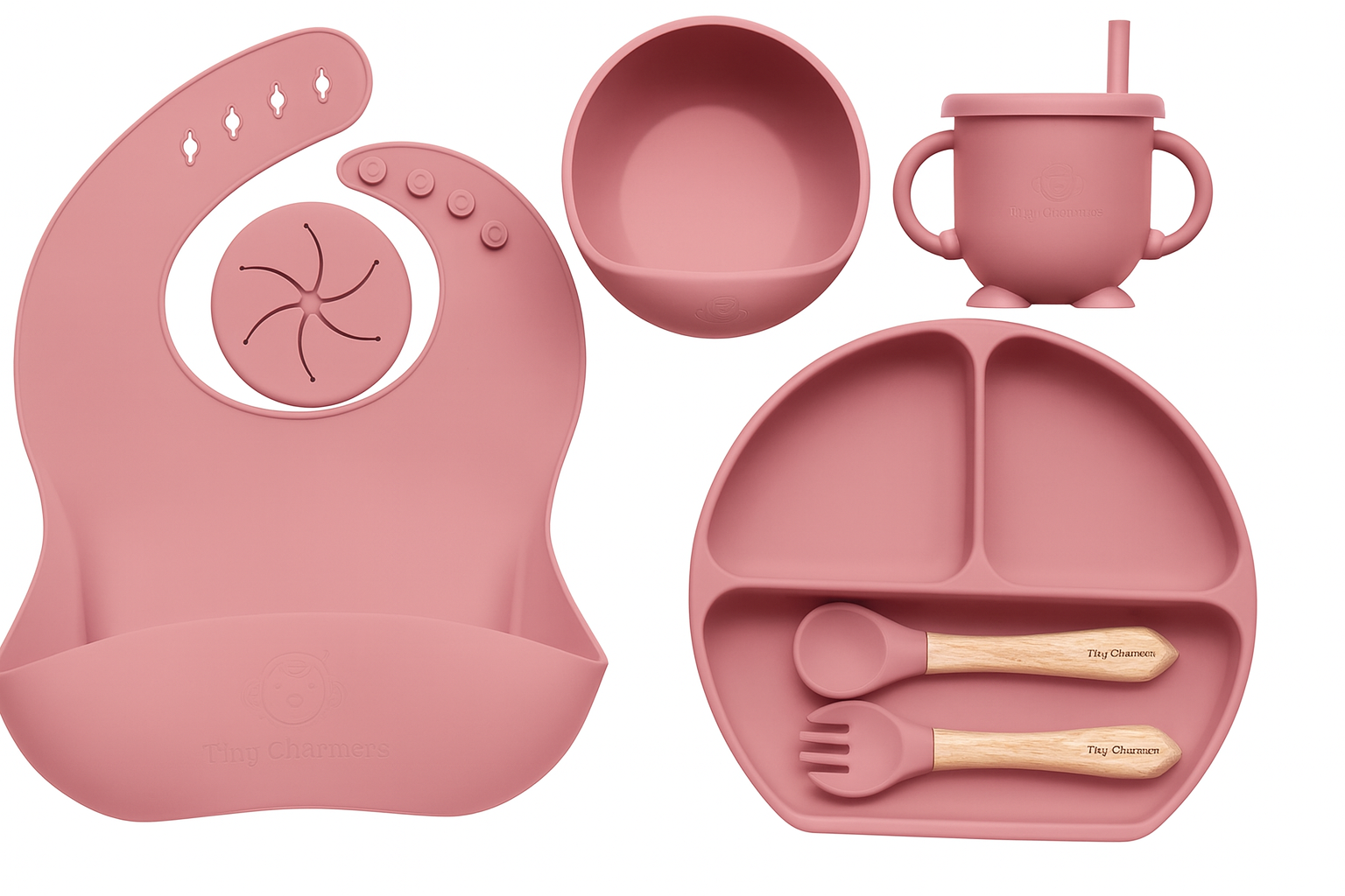 11-Piece Silicone Baby Feeding Set – Suction Plate, Bowl, Cup & Utensils - Dusty Rose