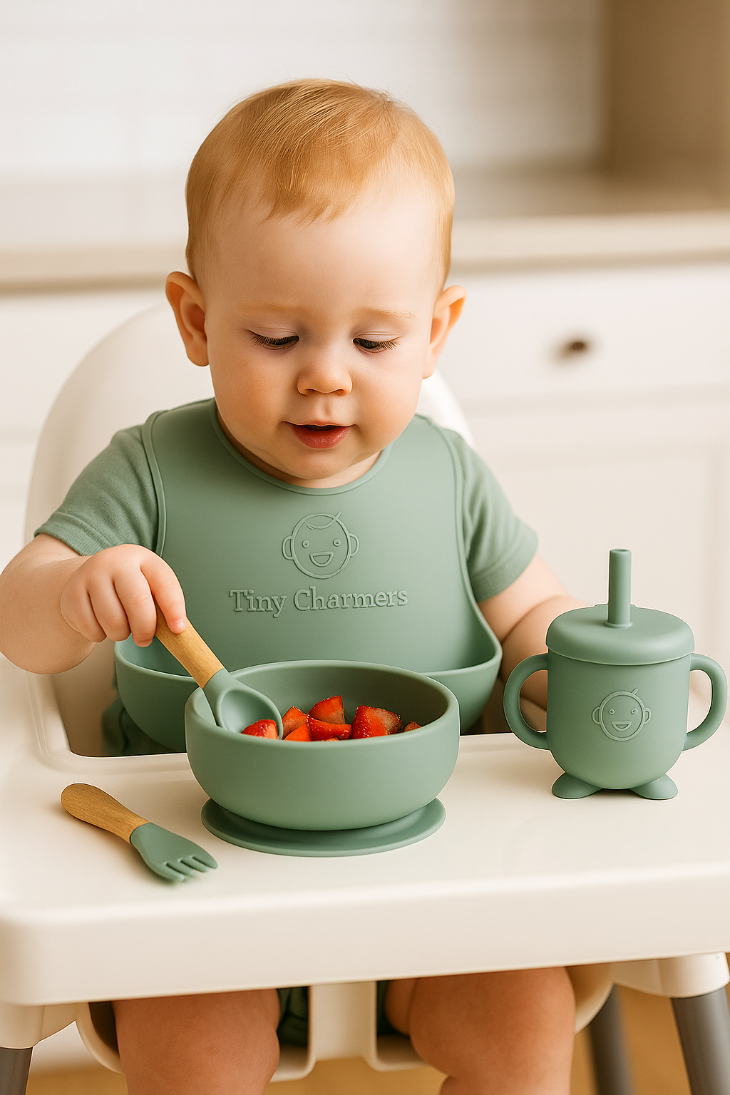 11-Piece Silicone Baby Feeding Set – Suction Plate, Bowl, Cup & Utensils - Sage Green