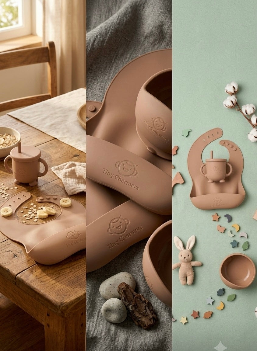 11-Piece Silicone Baby Feeding Set – Suction Plate, Bowl, Cup & Utensils - Sandstone Beige