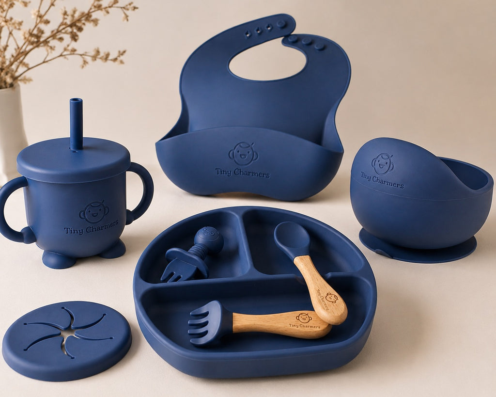 11-Piece Silicone Baby Feeding Set – Suction Plate, Bowl, Cup & Utensils - Navy Blue