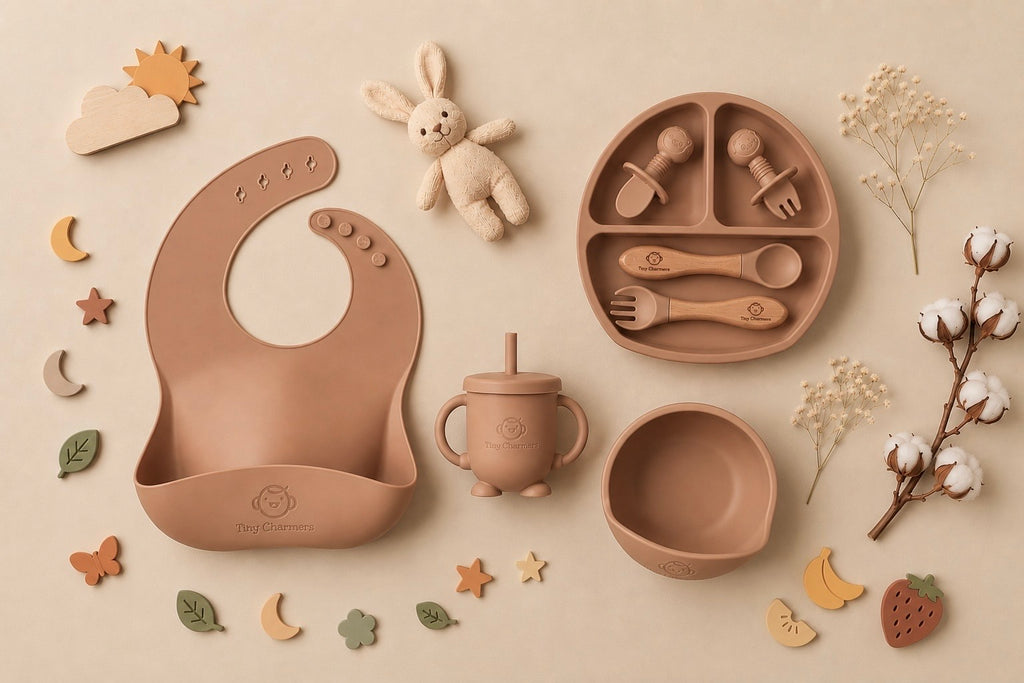 11-Piece Silicone Baby Feeding Set – Suction Plate, Bowl, Cup & Utensils - Sandstone Beige