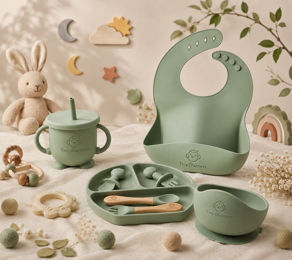 11-Piece Silicone Baby Feeding Set – Suction Plate, Bowl, Cup & Utensils - Sage Green
