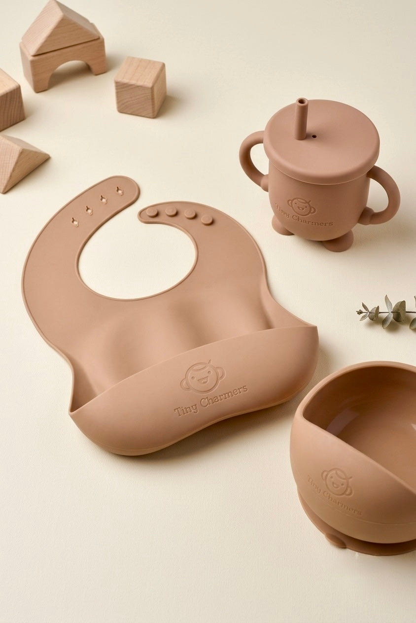 11-Piece Silicone Baby Feeding Set – Suction Plate, Bowl, Cup & Utensils - Sandstone Beige