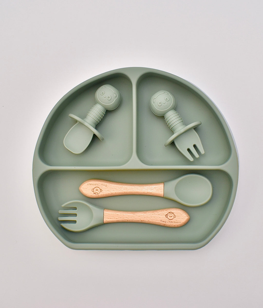 11-Piece Silicone Baby Feeding Set – Suction Plate, Bowl, Cup & Utensils - Sage Green