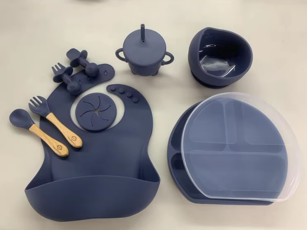 11-Piece Silicone Baby Feeding Set – Suction Plate, Bowl, Cup & Utensils - Navy Blue