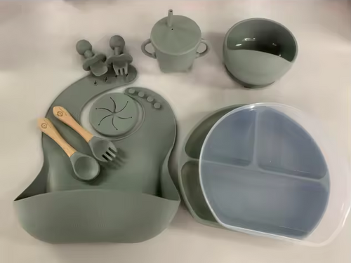 11-Piece Silicone Baby Feeding Set – Suction Plate, Bowl, Cup & Utensils - Sage Green