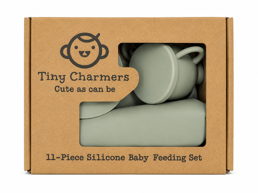 11-Piece Silicone Baby Feeding Set – Suction Plate, Bowl, Cup & Utensils - Sage Green