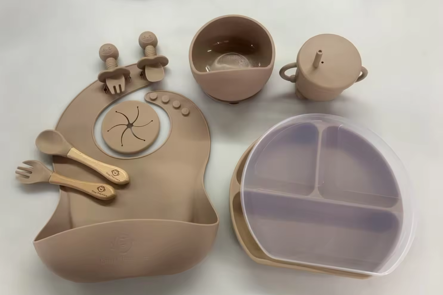 11-Piece Silicone Baby Feeding Set – Suction Plate, Bowl, Cup & Utensils - Sandstone Beige